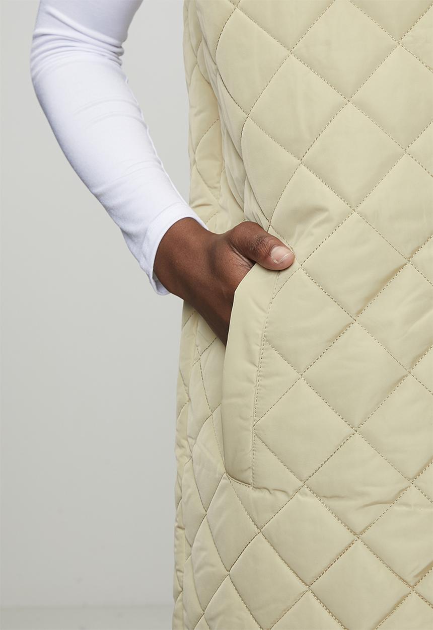 Brave Soul - Ladies Diamond Quilted Hooded Long Gilet - Stone