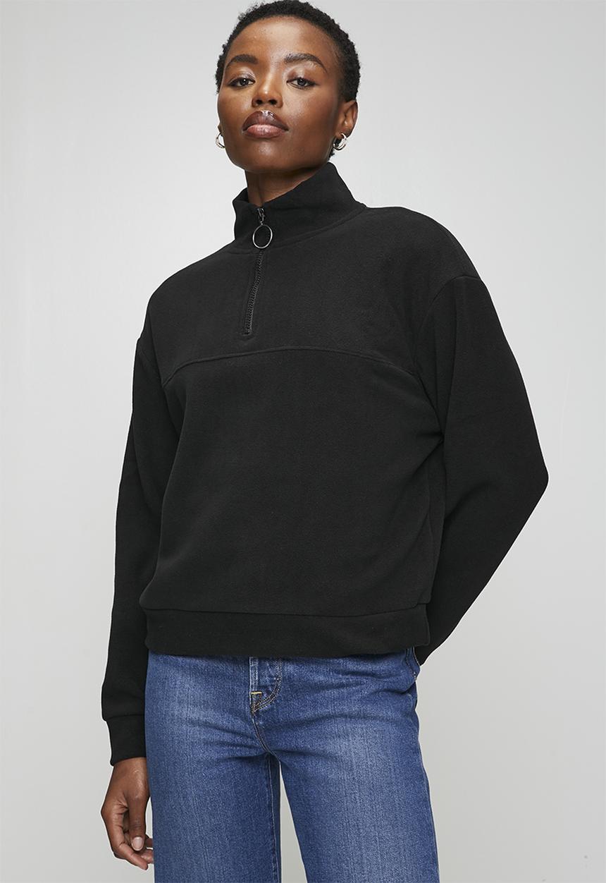 Brave Soul - Ladies Mid Zip Fleece Sweatshirt - Black