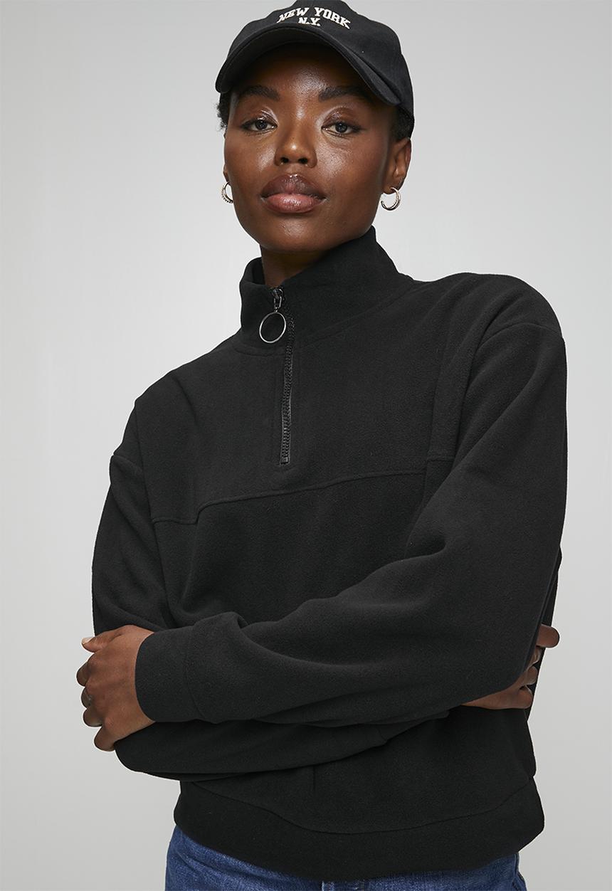 Brave Soul - Ladies Mid Zip Fleece Sweatshirt - Black