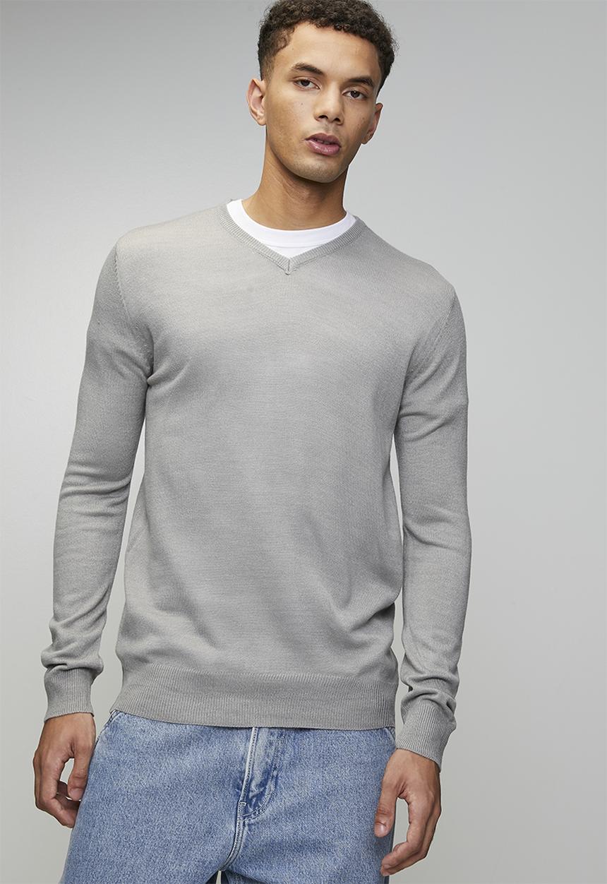 Brave Soul - V Neck Jumper - Silver Grey Marl