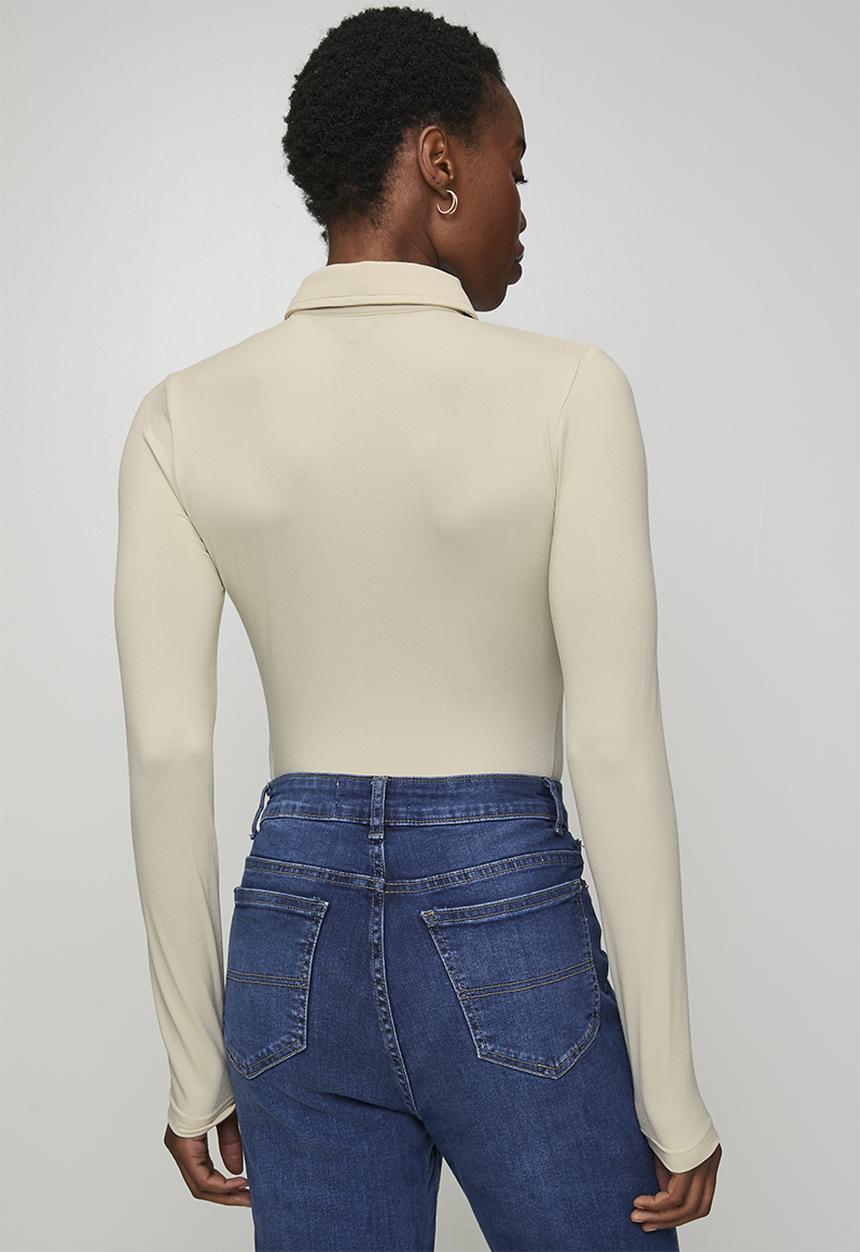 Brave Soul - Ladies Button Through Long Sleeve Bodysuit - Pistachio Shell