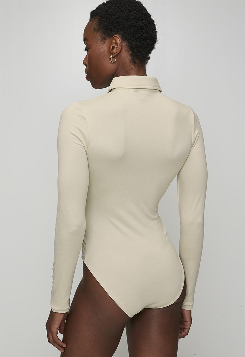 Brave Soul - Ladies Button Through Long Sleeve Bodysuit - Pistachio Shell