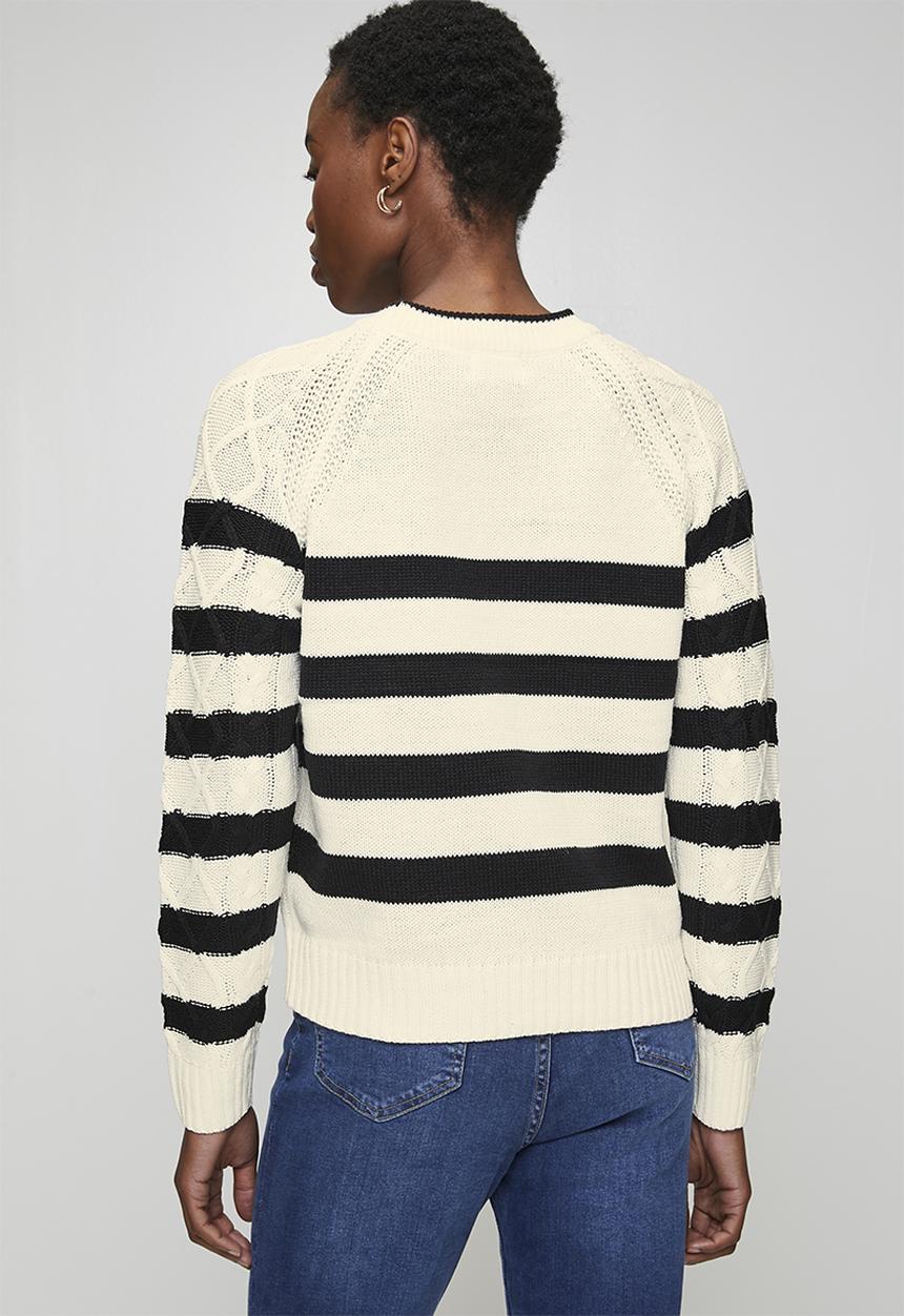 Brave Soul - Ladies Cable Knit Crew Neck Raglan Jumper With Stripe Detail - Ivory/Black Stripe