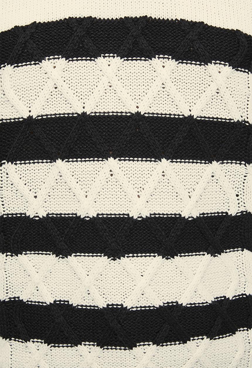 Brave Soul - Ladies Cable Knit Crew Neck Raglan Jumper With Stripe Detail - Ivory/Black Stripe