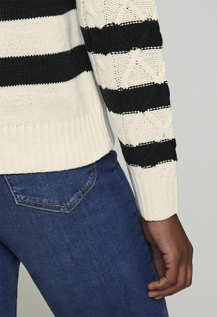 Brave Soul - Ladies Cable Knit Crew Neck Raglan Jumper With Stripe Detail - Ivory/Black Stripe