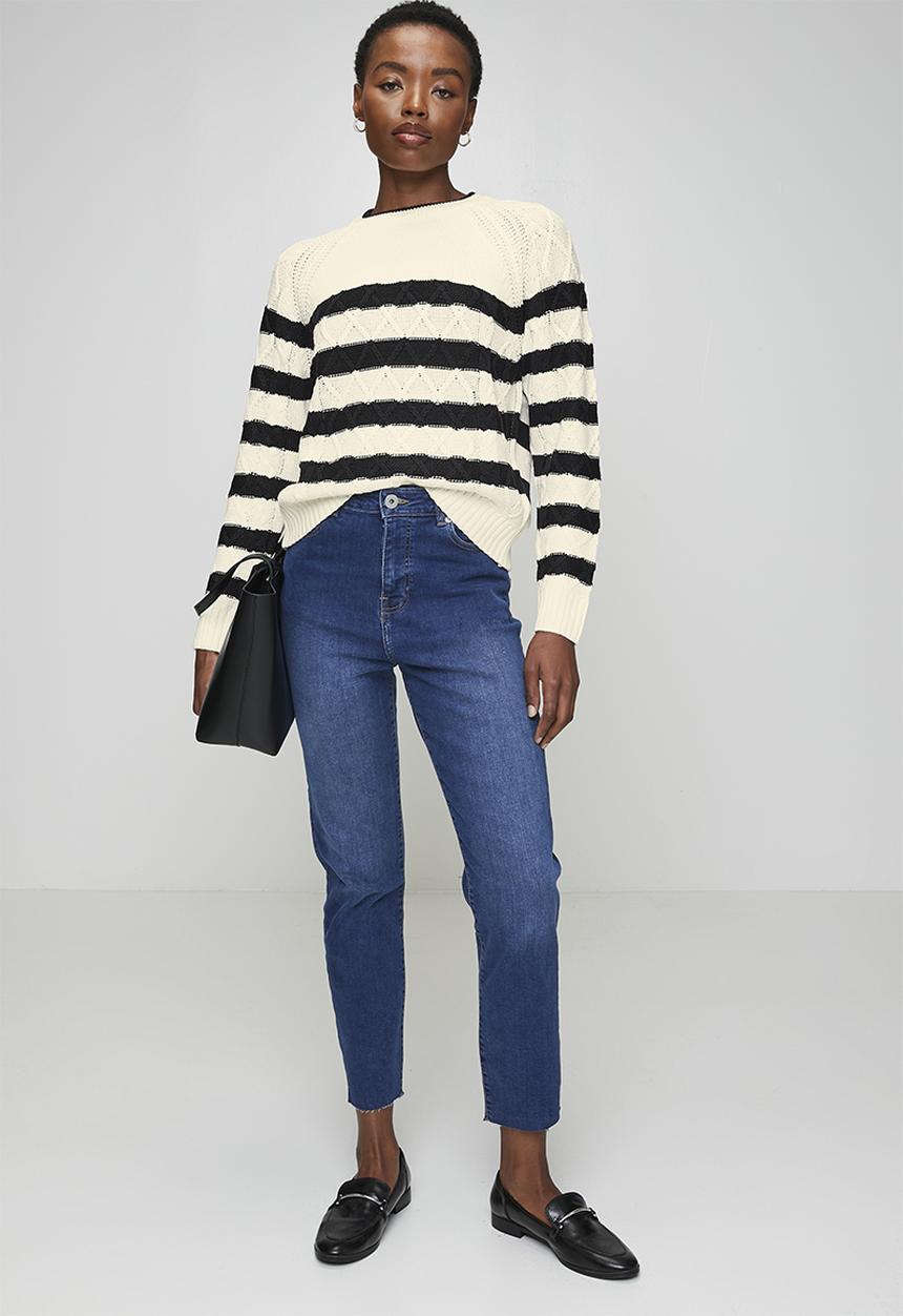 Brave Soul - Ladies Cable Knit Crew Neck Raglan Jumper With Stripe Detail - Ivory/Black Stripe