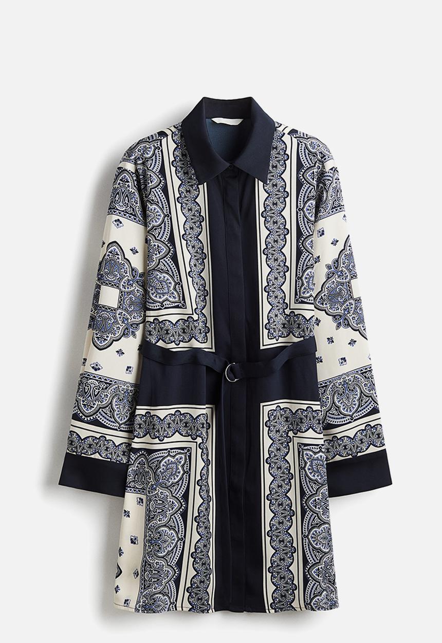 H&M - Belted shirt dress - navy blue patterned