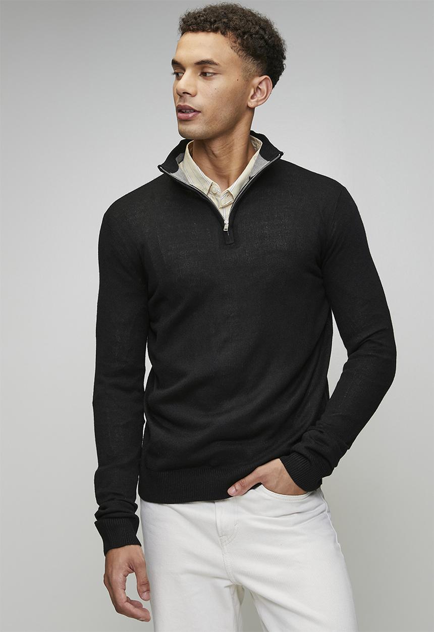 Brave Soul - 1/4 Concealed Zip Finnel Knitted Top  - Jet Black