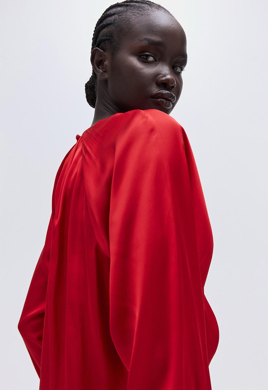 H&M - Balloon-sleeved satin blouse - bright red