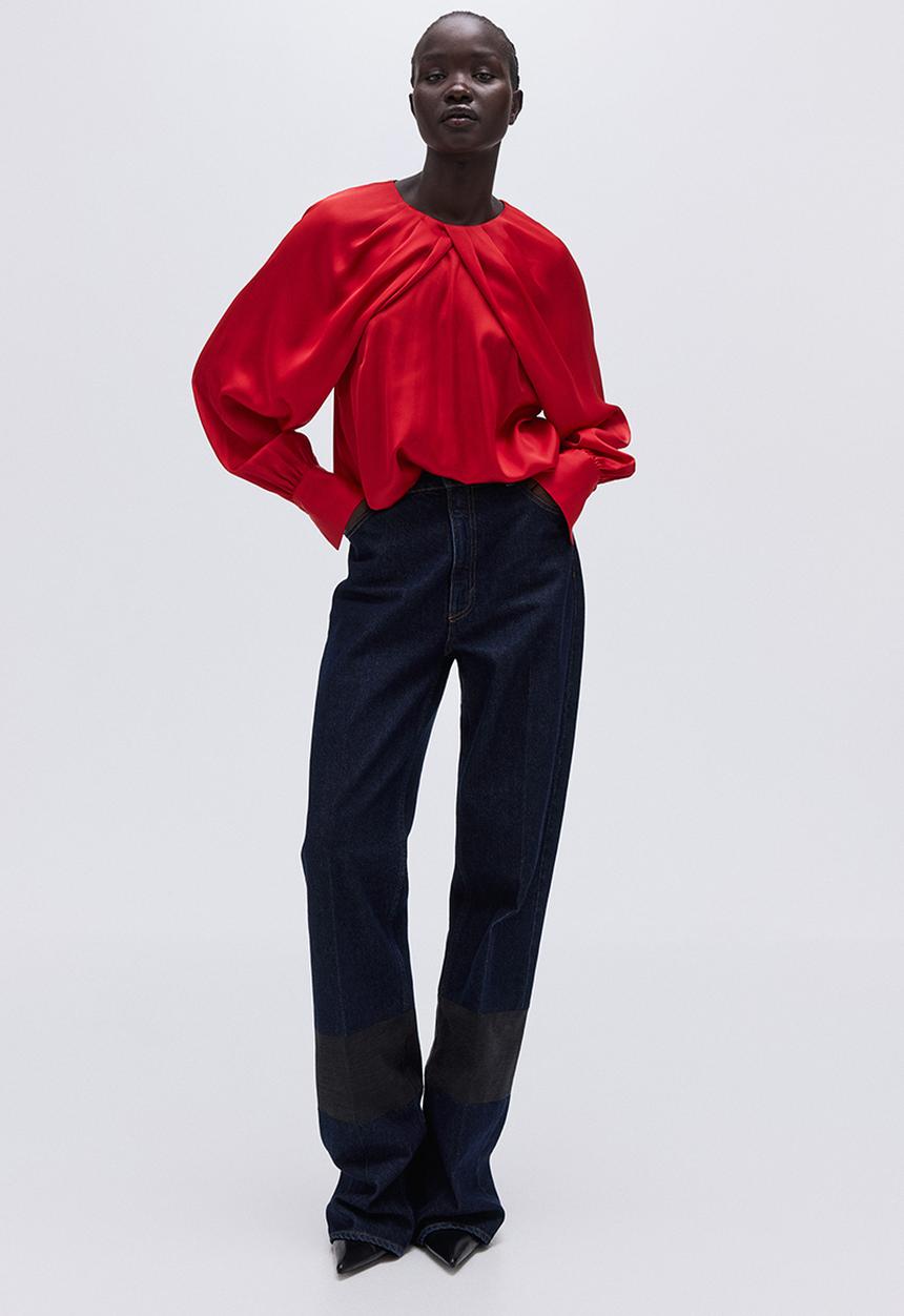 H&M - Balloon-sleeved satin blouse - bright red