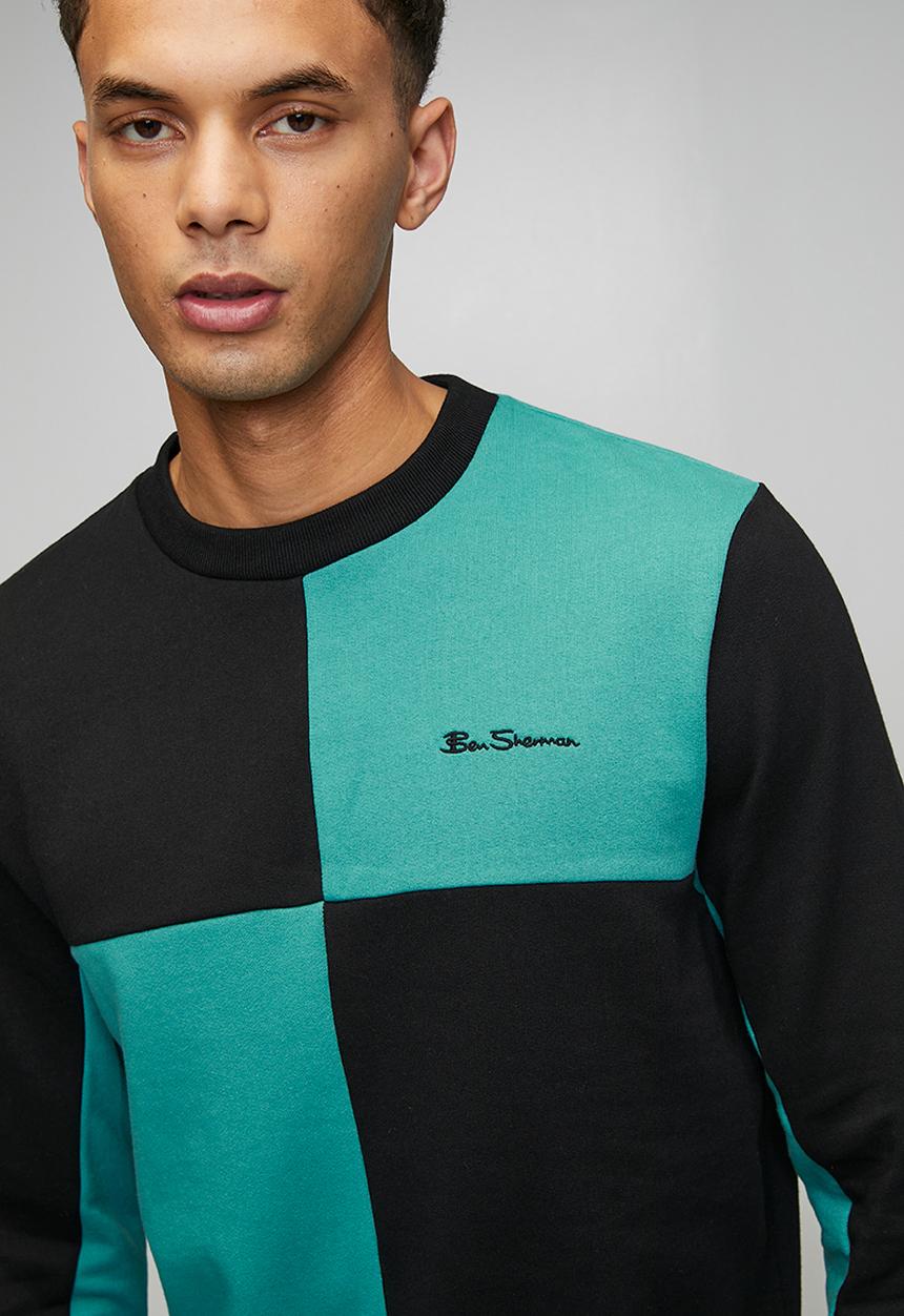 Ben Sherman - Panelled Colour Block Crew Sweater - Aqua Teal