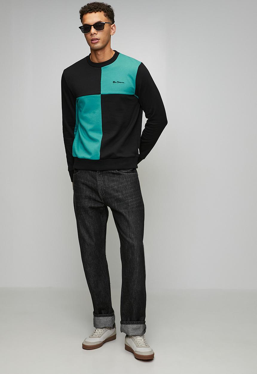 Ben Sherman - Panelled Colour Block Crew Sweater - Aqua Teal