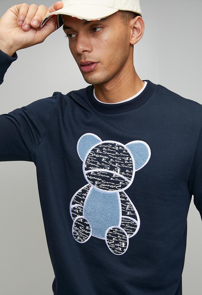 Ben Sherman - Chenille Bear Applique Crew Sweater - Navy