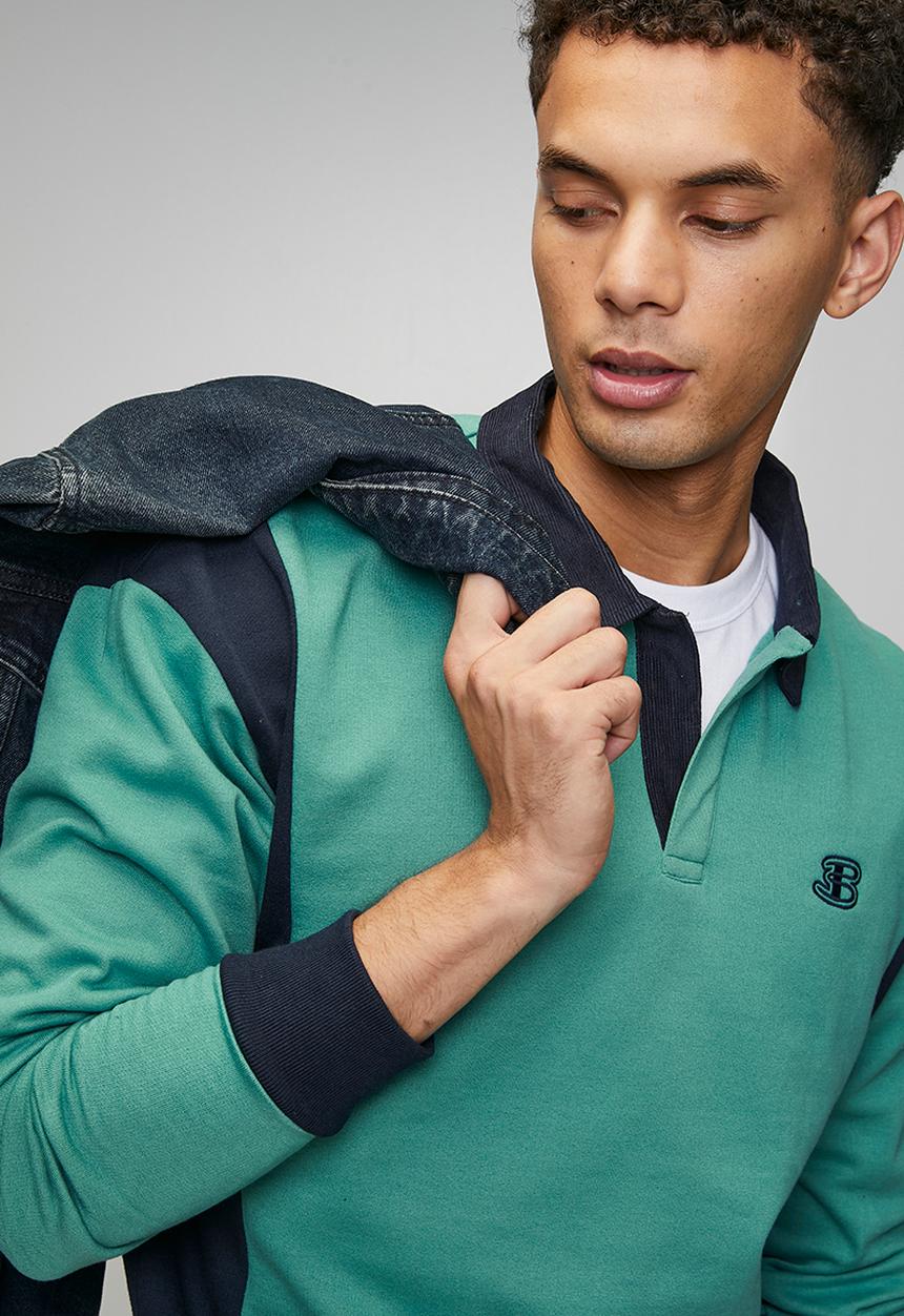 Ben Sherman - Panelled Colour Block B Polo Sweater - Aqua Teal