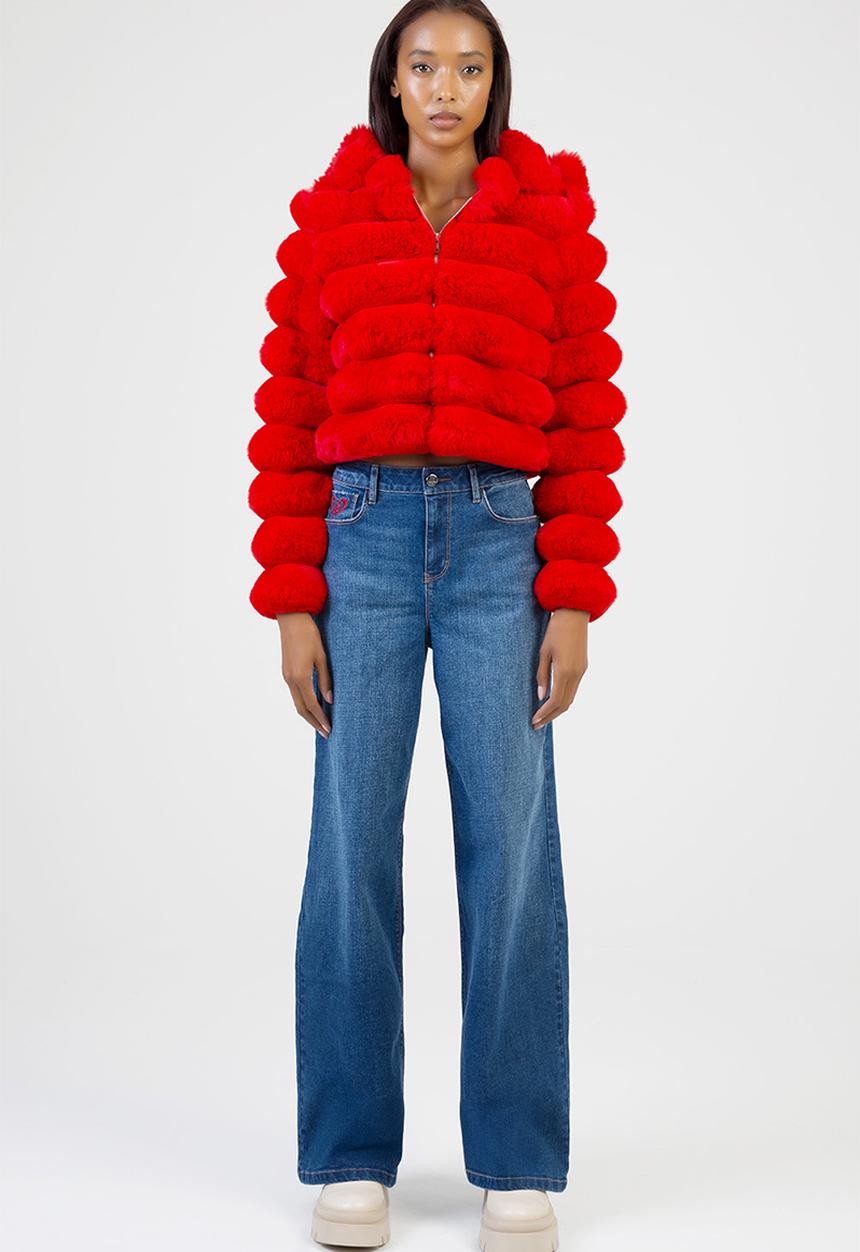 SISSY BOY - Sweet And Simple Cropped Jacket Faux Fur Quilted Jacket With Hood - Red