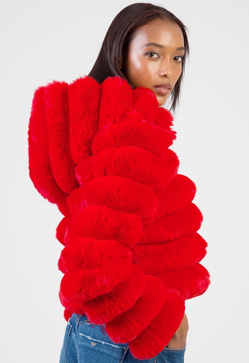 SISSY BOY - Sweet And Simple Cropped Jacket Faux Fur Quilted Jacket With Hood - Red