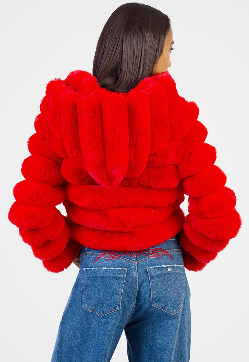 SISSY BOY - Sweet And Simple Cropped Jacket Faux Fur Quilted Jacket With Hood - Red