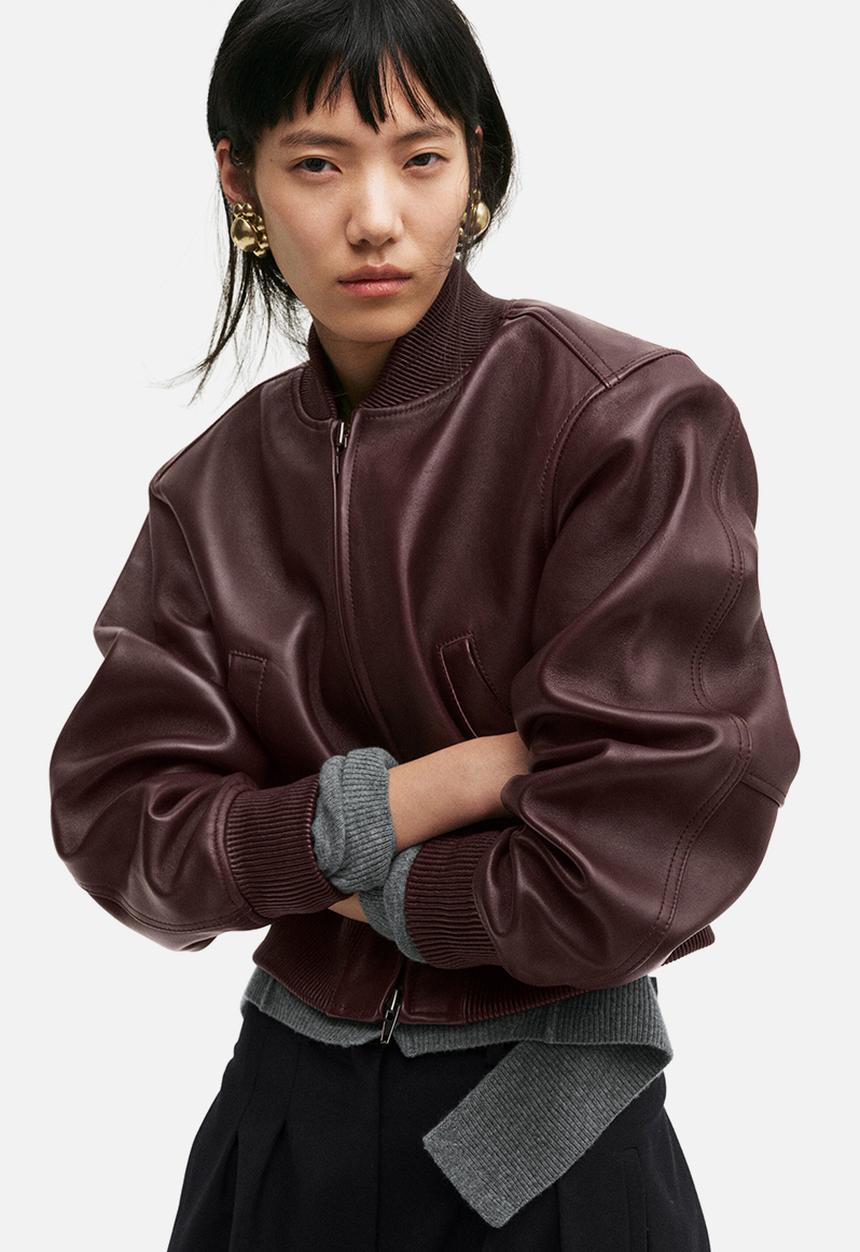 H&M - H&M Studio: Leather bomber jacket - burgundy 