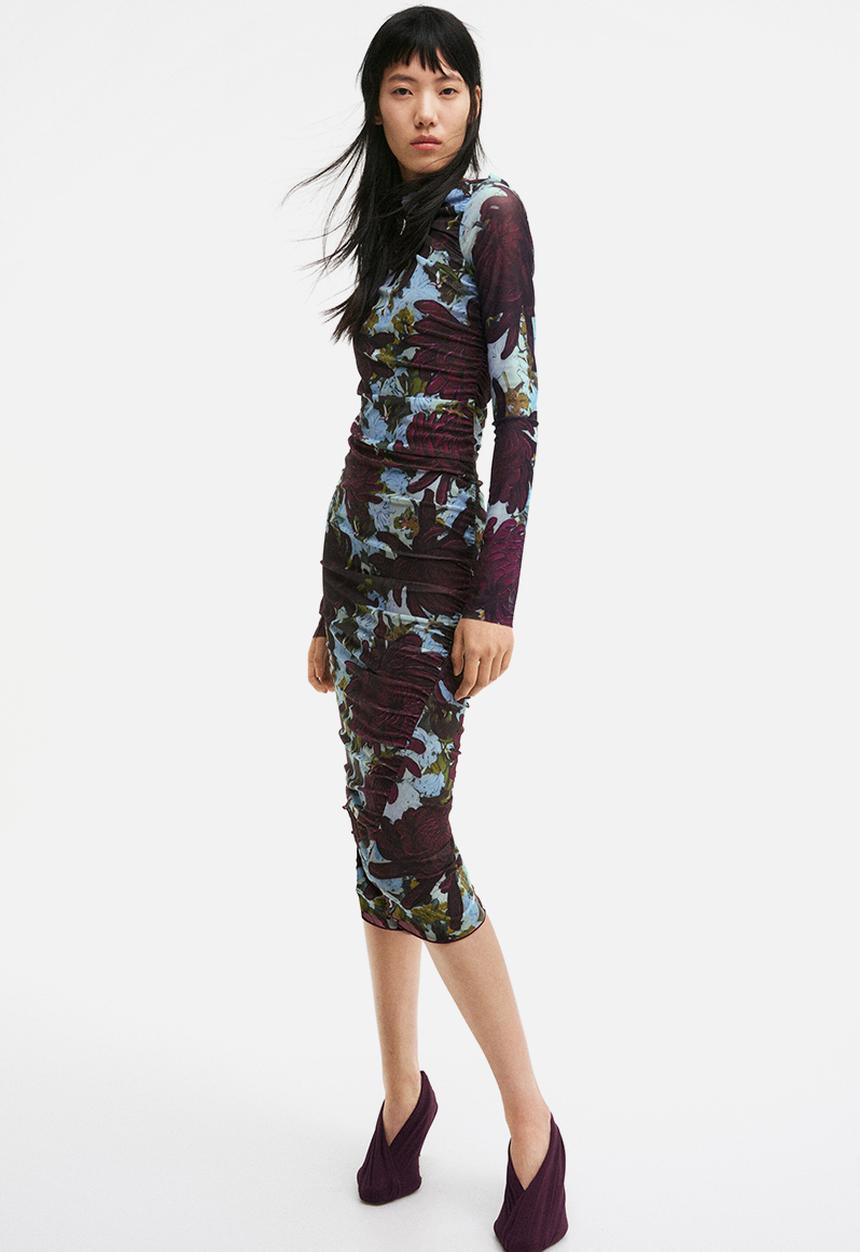 H&M - H&M Studio: Asymmetric mesh dress - dark plum purple floral