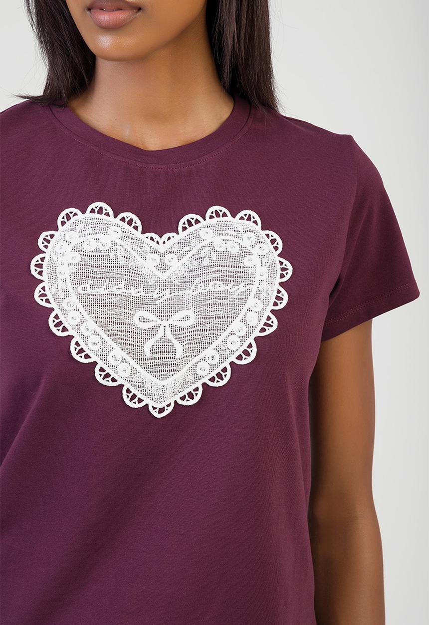 No Limits T-Shirt Regular Tshirt With Crochet Heart - Burgundy