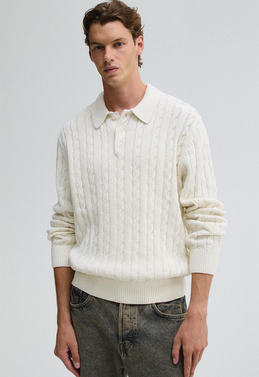 Regular fit cable knit polo jumper - cream - 1296602001