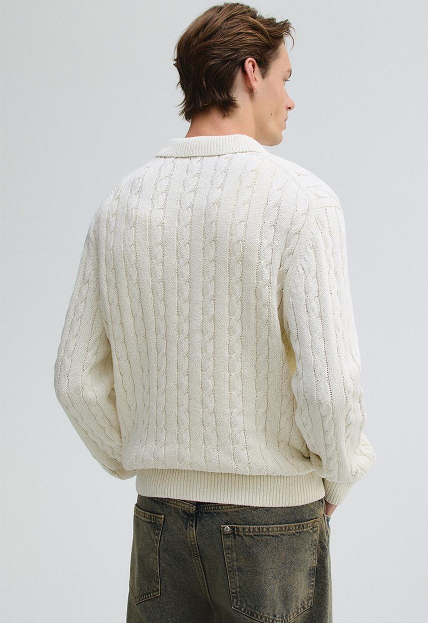 H&M - Regular fit cable knit polo jumper - cream 