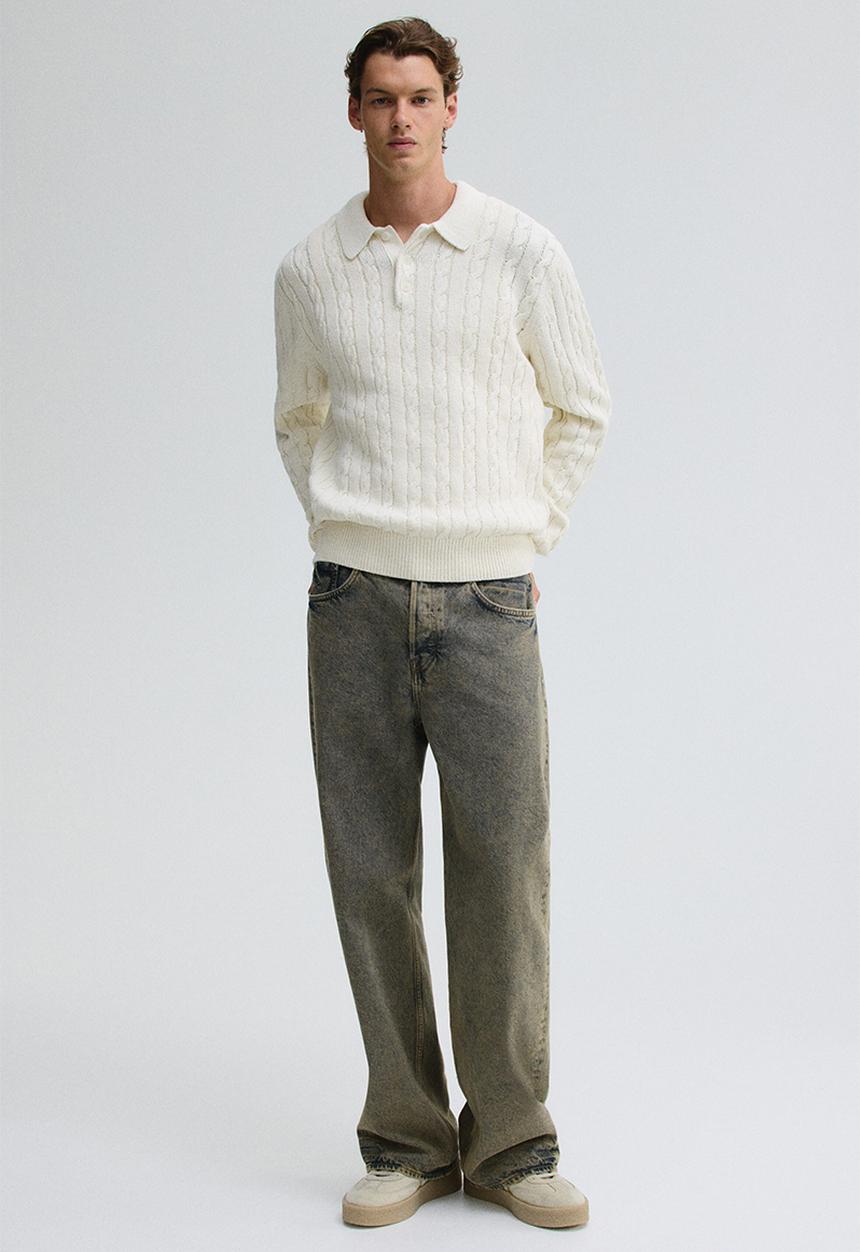 H&M - Regular fit cable knit polo jumper - cream 