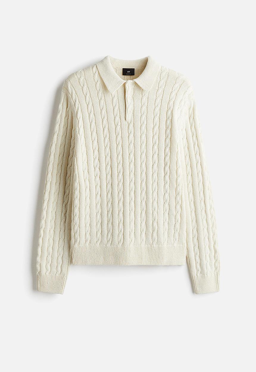 H&M - Regular fit cable knit polo jumper - cream 