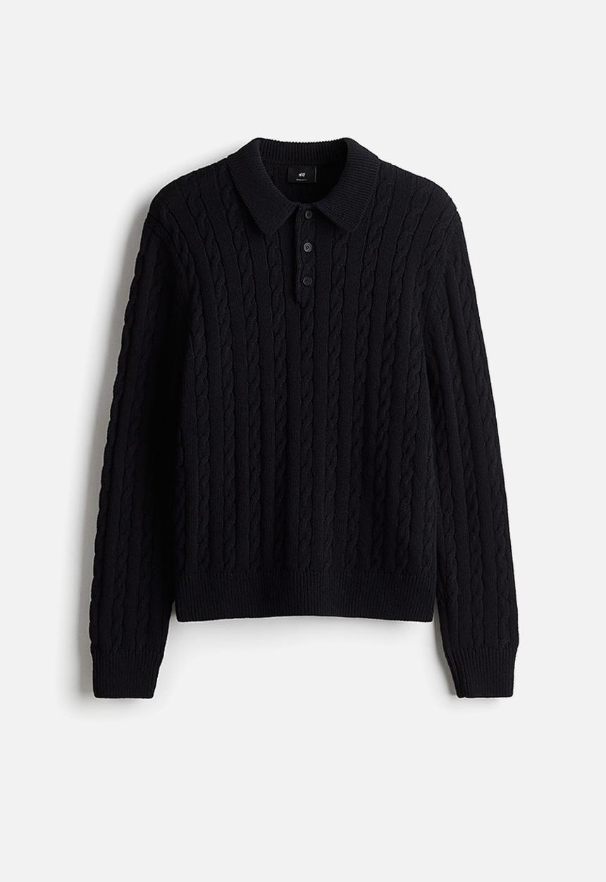 H&M - Regular fit cable knit polo jumper - navy blue 