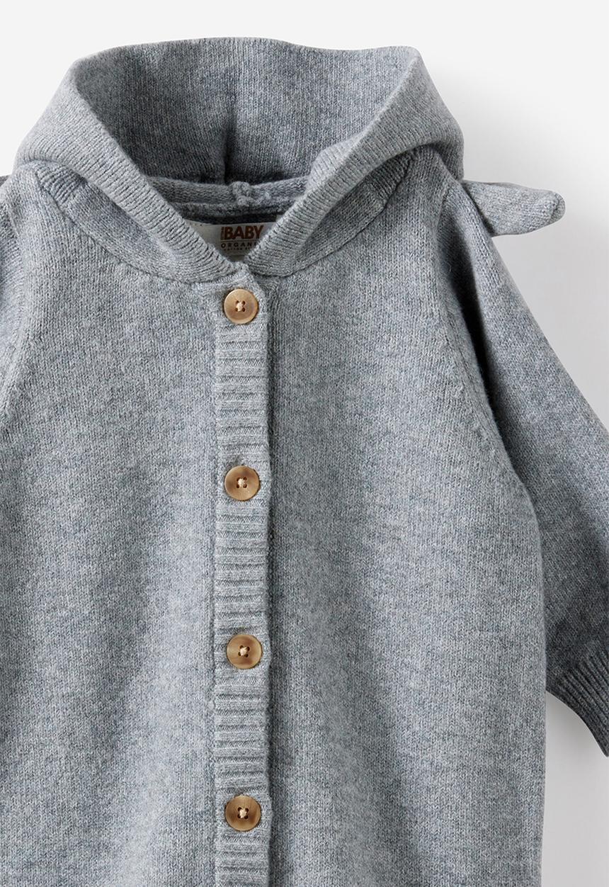 Cotton On - Organic Knit Long Sleeve Hooded All In One - Mid Grey Marle/Bunny