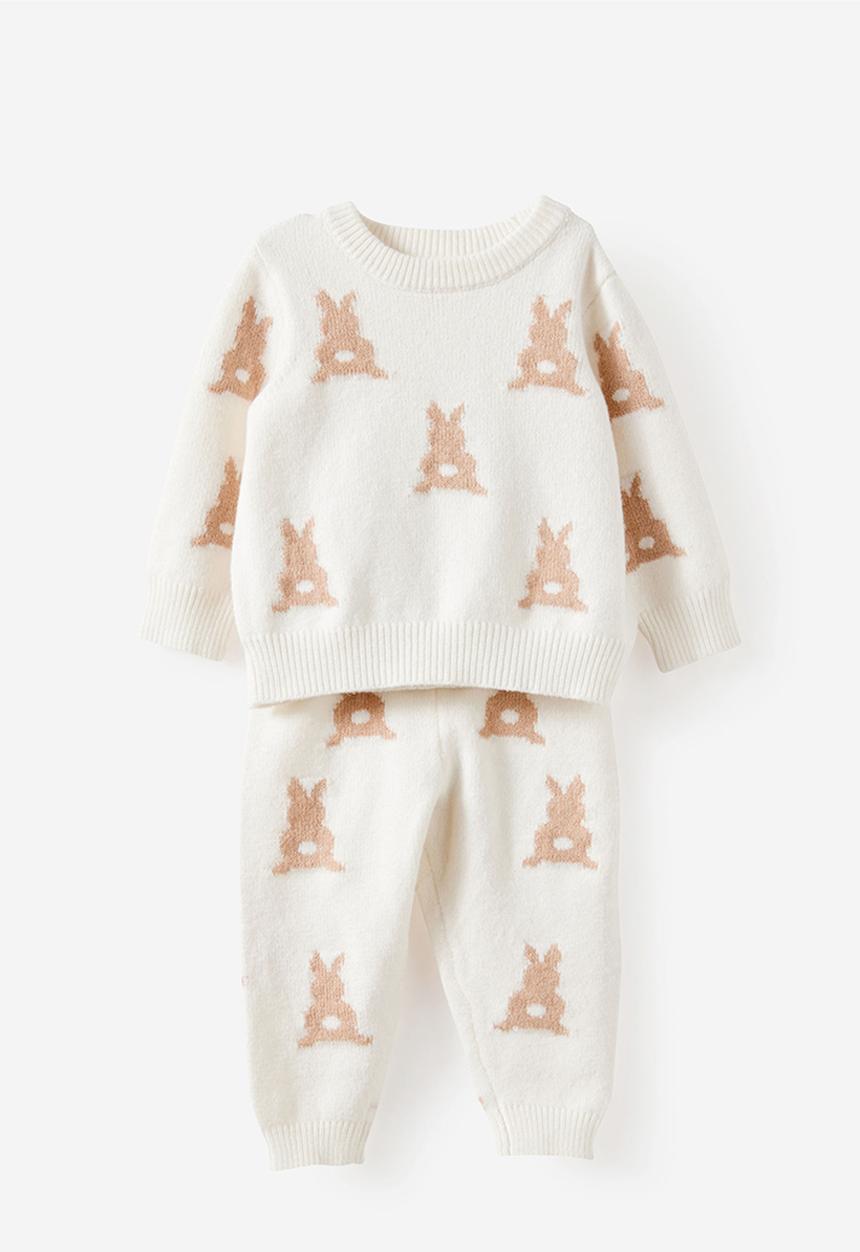 Cotton On - Bundle Organic Raglan Knit Sweater & Legging Set - Milk/Bunny Jacquard