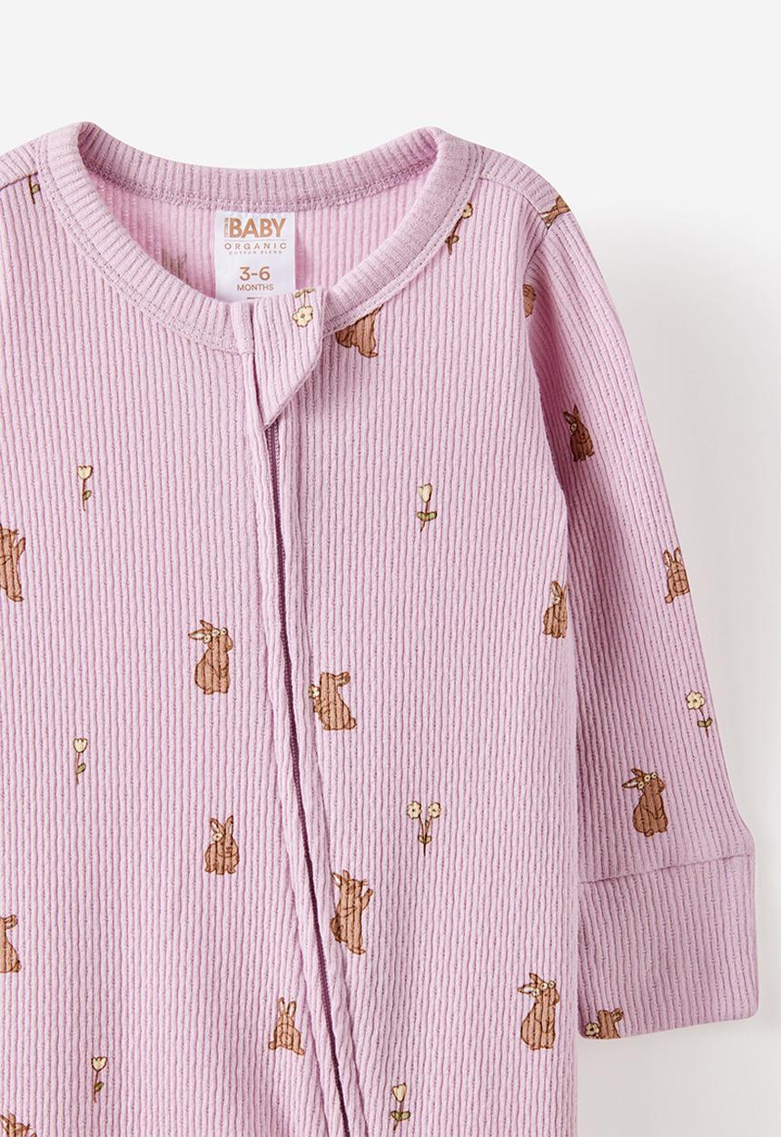 Cotton On - Organic Pointelle Zip Romper - Thistle/Bunny Tails