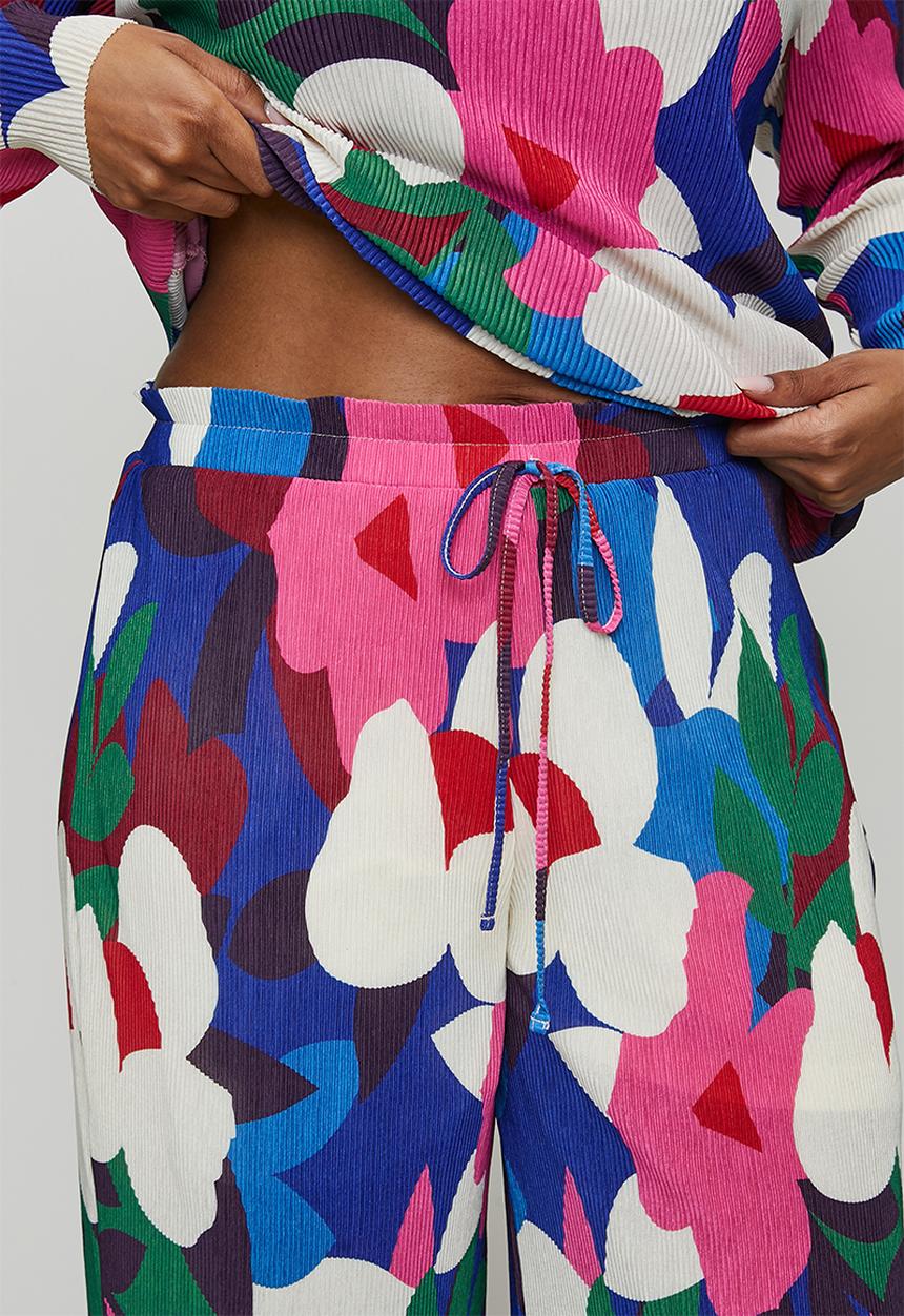 Me&B - Plus Tie Detail Plisse Pants in Bloom - Multi