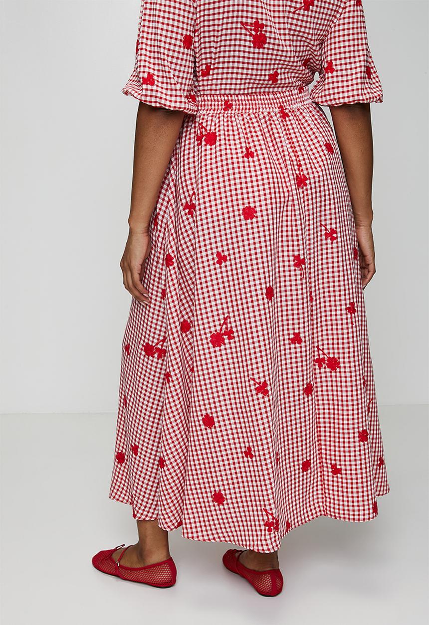 Me&B - Plus Embroidered Gingham Skirt - Red