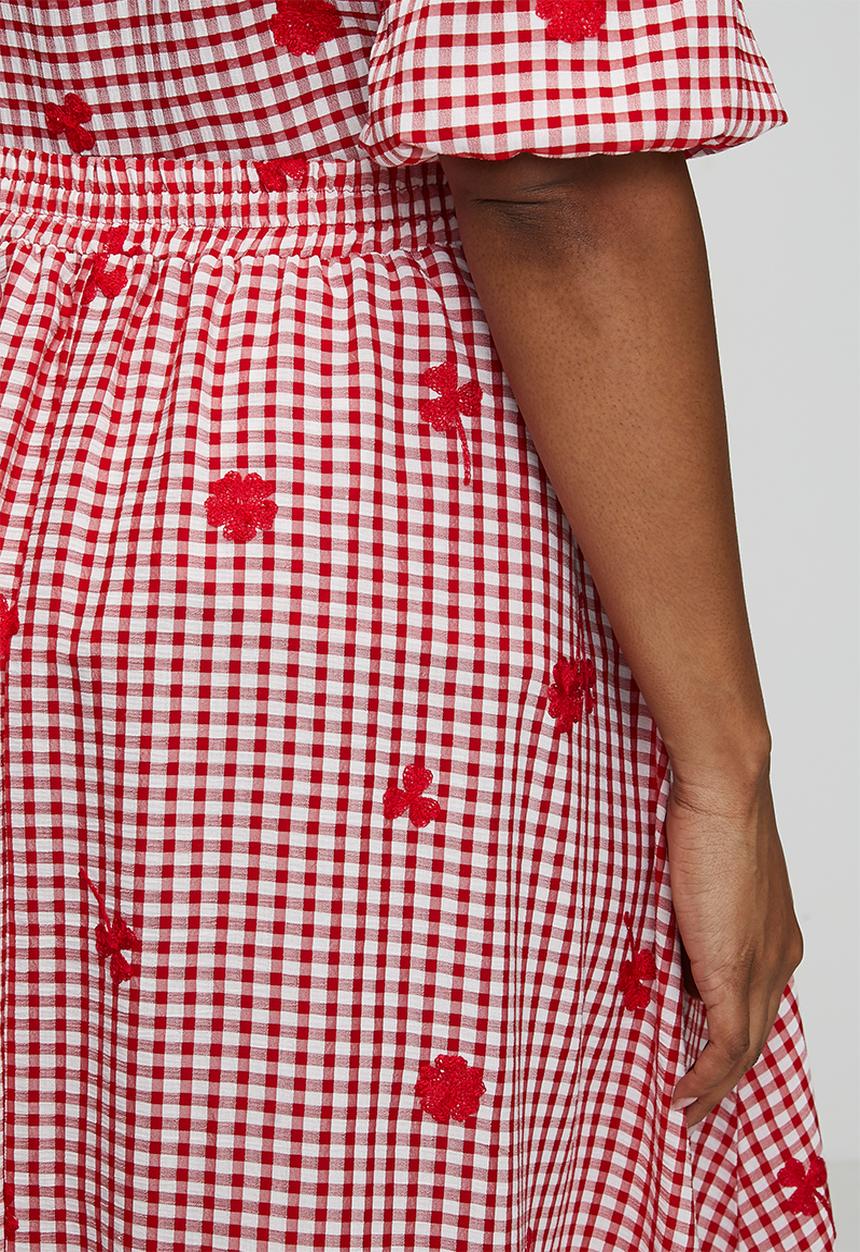 Me&B - Plus Embroidered Gingham Skirt - Red