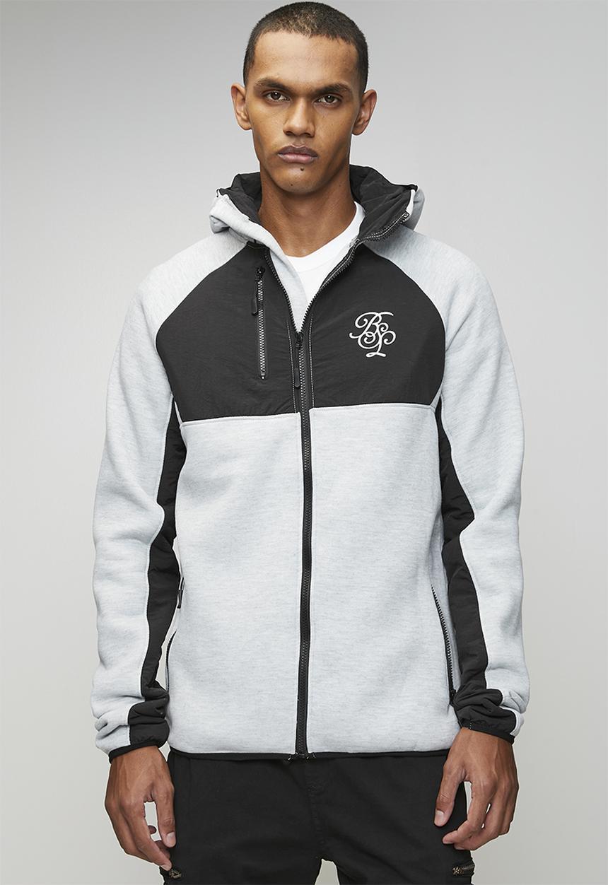 Brave Soul - A  Raglan Sleeve Higher Neck Piece Hood  Zip Through - Lt Grey Marl / Jet Black