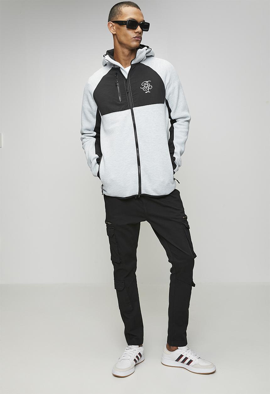 Brave Soul - A  Raglan Sleeve Higher Neck Piece Hood  Zip Through - Lt Grey Marl / Jet Black