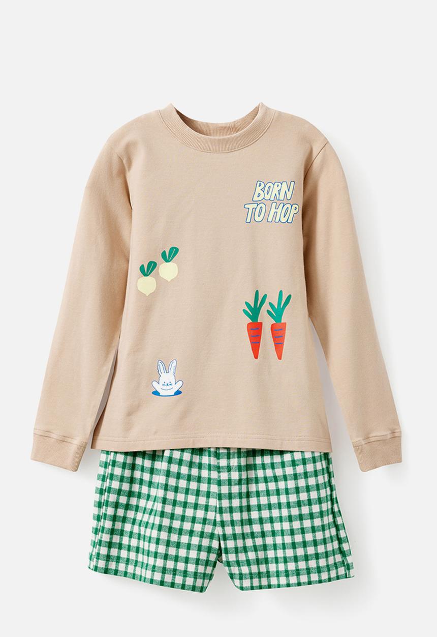 Cotton On - Cute Bunny Long Short Pj Set - Latte Cream/ Born To Hop
