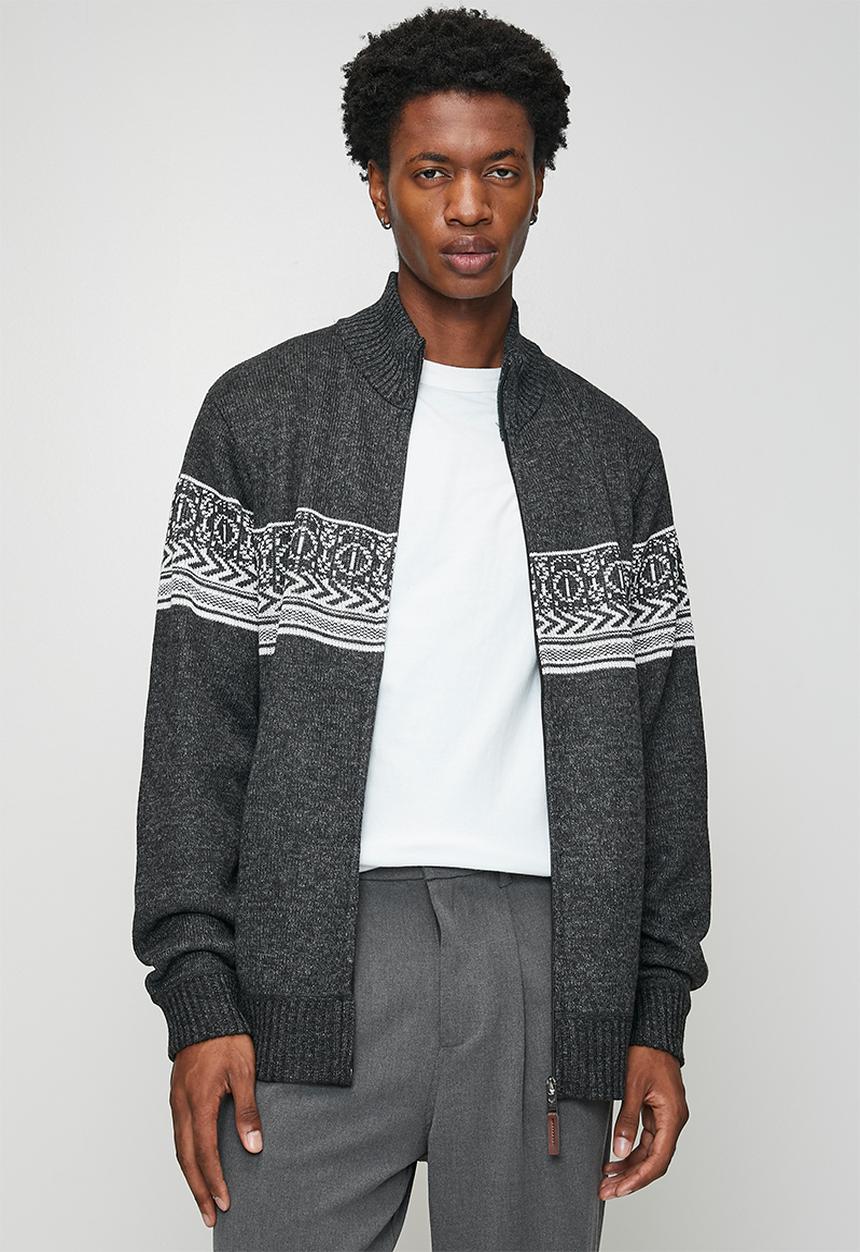 Brave Soul - Full Zip Through Funnel Neck Jumper - Jet Black & Grey Twist / Ecru
