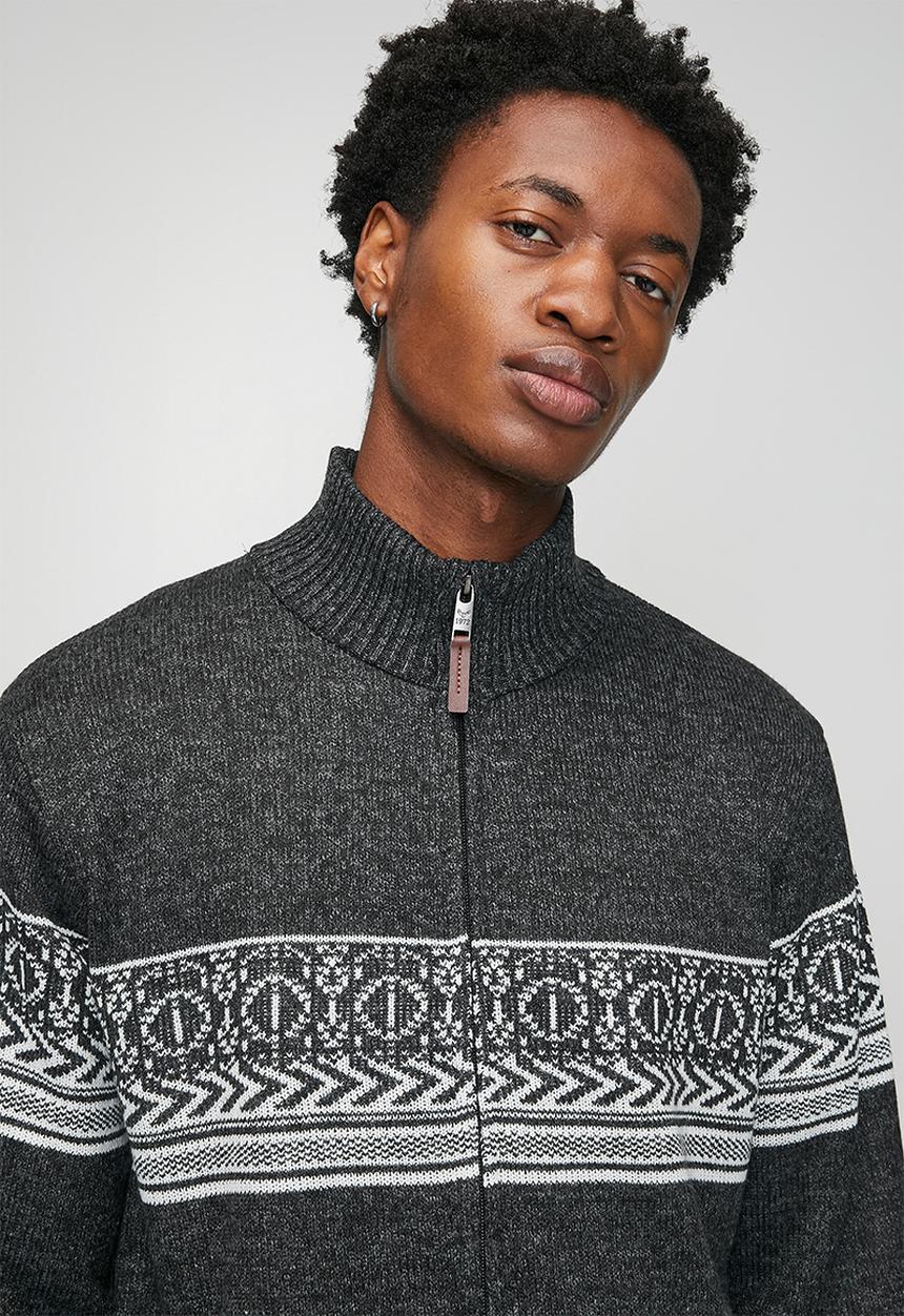 Brave Soul - Full Zip Through Funnel Neck Jumper - Jet Black & Grey Twist / Ecru