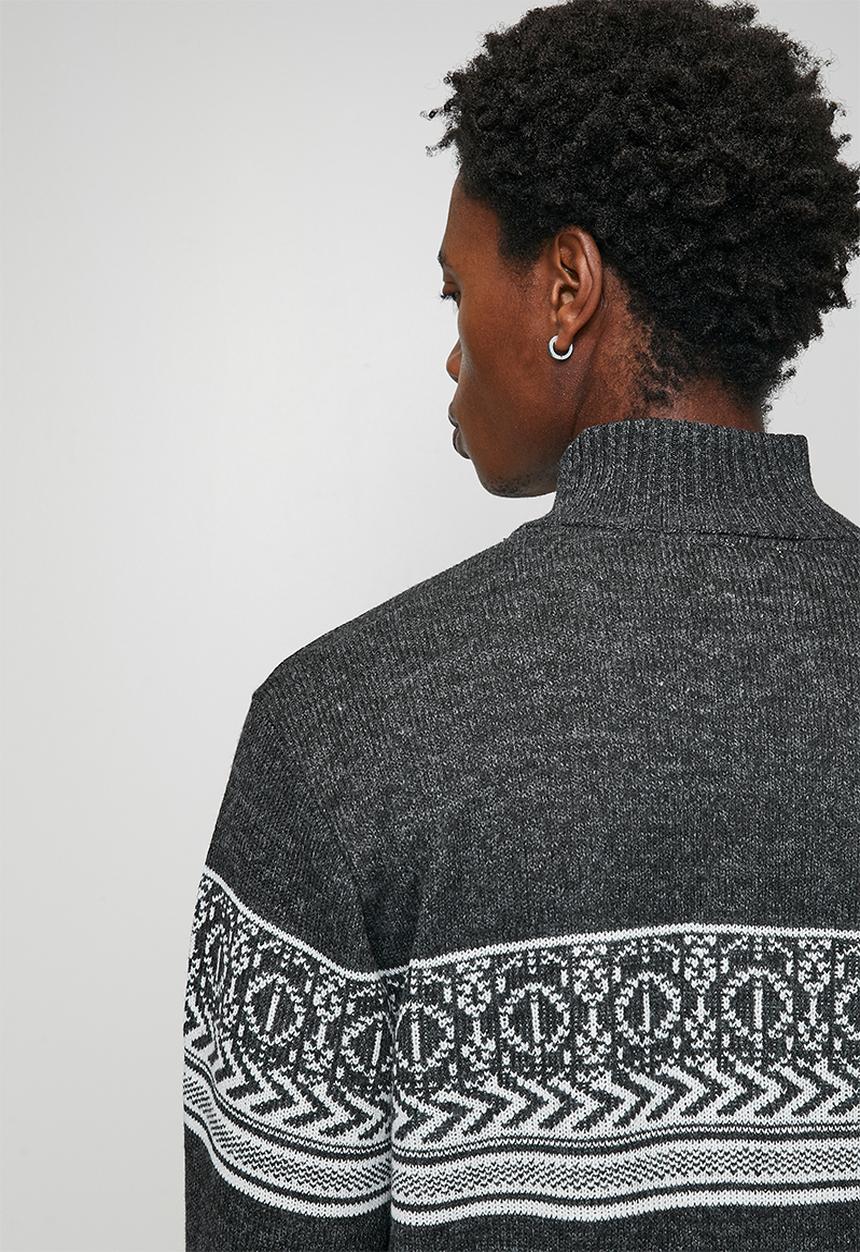 Brave Soul - Full Zip Through Funnel Neck Jumper - Jet Black & Grey Twist / Ecru