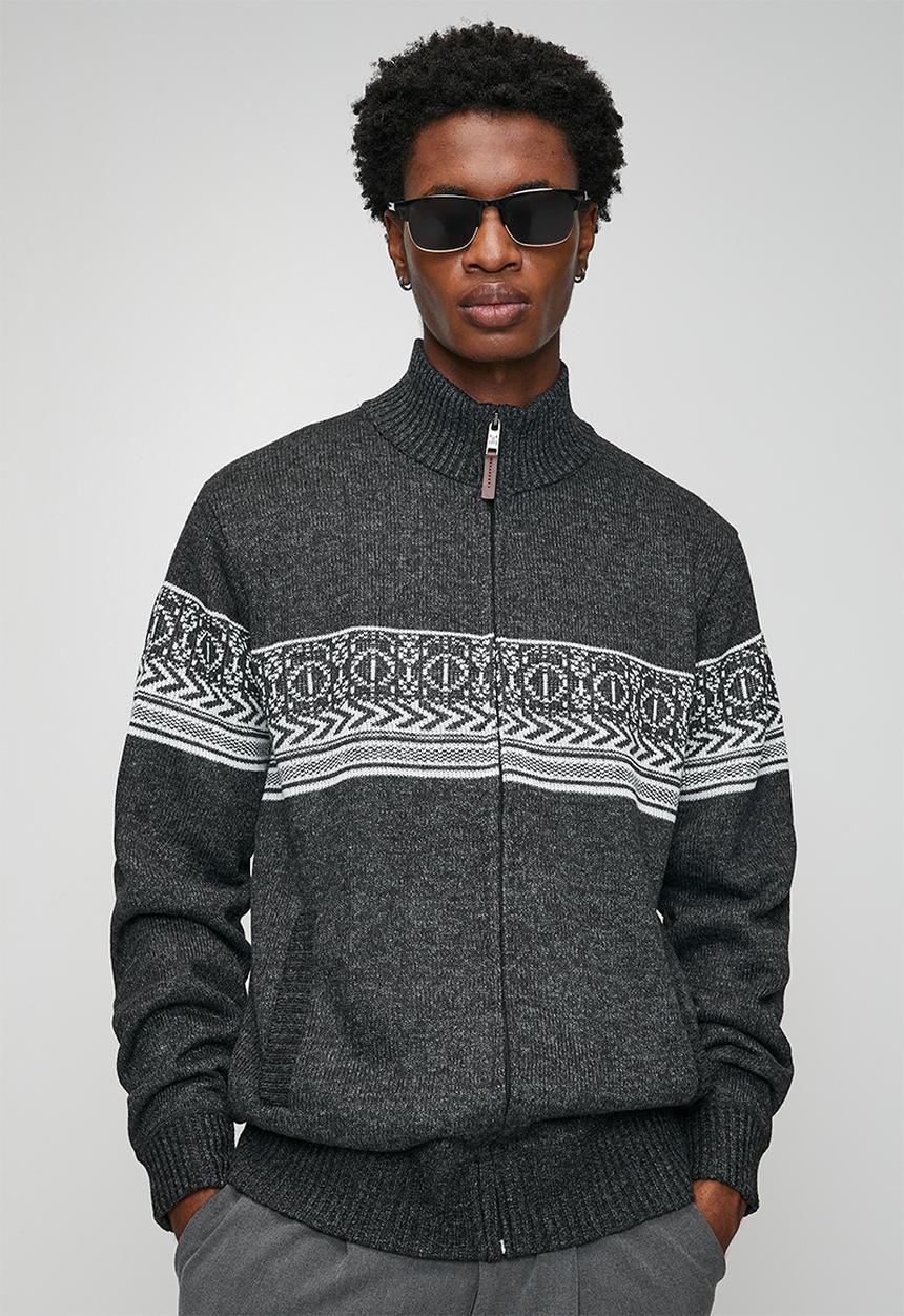Brave Soul - Full Zip Through Funnel Neck Jumper - Jet Black & Grey Twist / Ecru