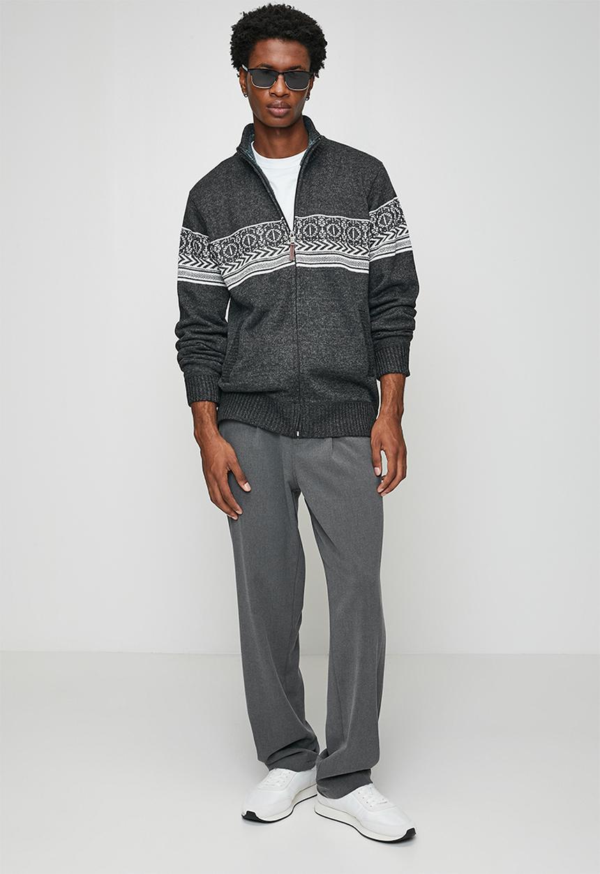 Brave Soul - Full Zip Through Funnel Neck Jumper - Jet Black & Grey Twist / Ecru