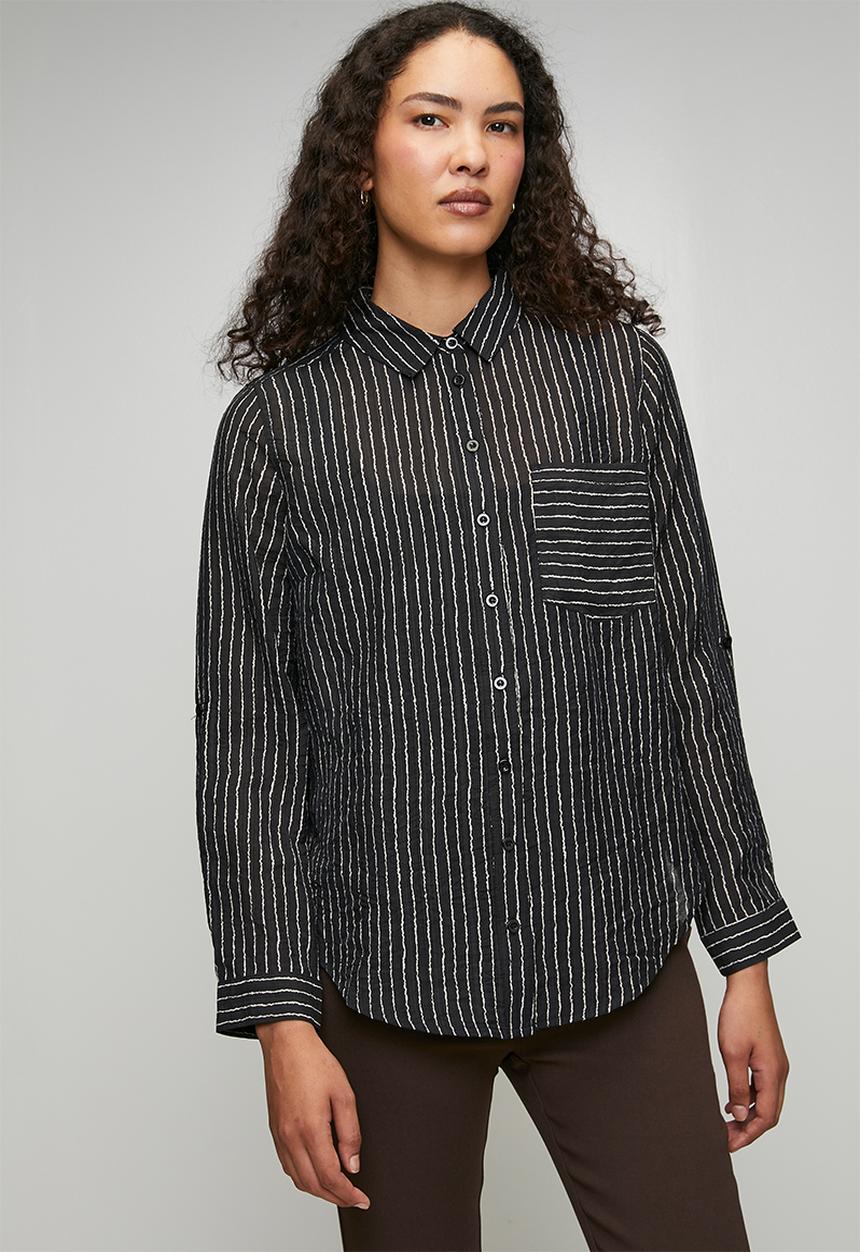 Stella Morgan - Long sleeve Sheer Stripe Button Through With Collar Blouse - Black