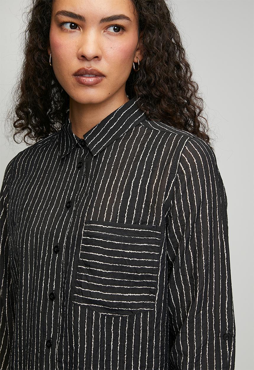 Stella Morgan - Long sleeve Sheer Stripe Button Through With Collar Blouse - Black