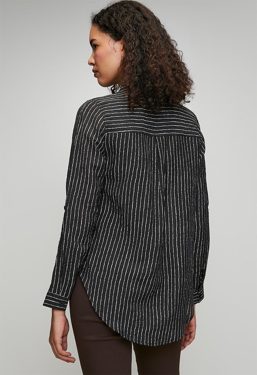 Stella Morgan - Long sleeve Sheer Stripe Button Through With Collar Blouse - Black