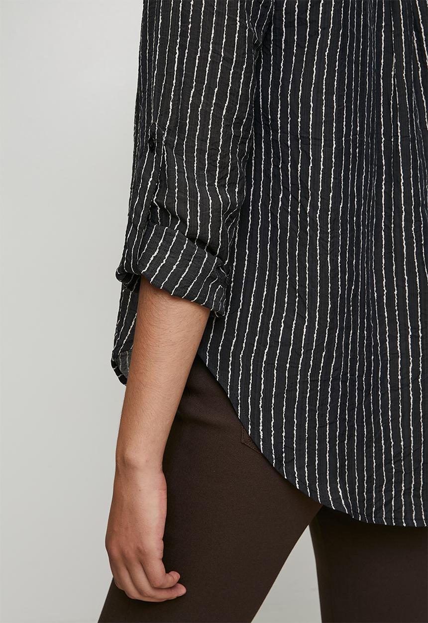 Stella Morgan - Long sleeve Sheer Stripe Button Through With Collar Blouse - Black