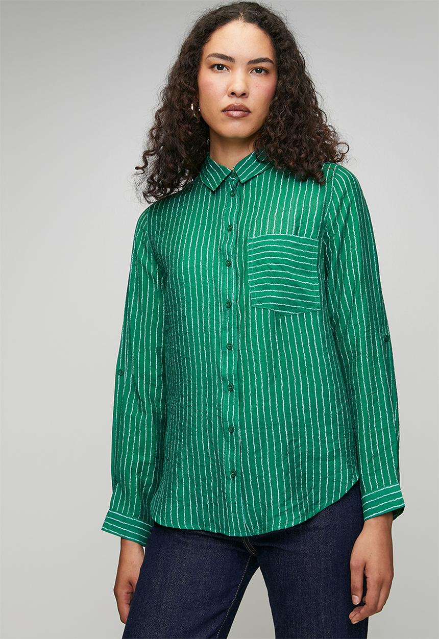 Stella Morgan - Ls Sheer Stripe Button Through With Collar Blouse - Green