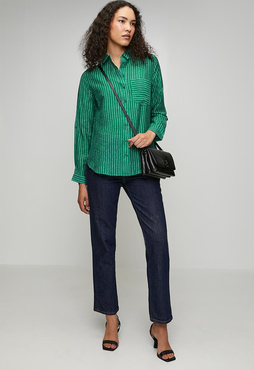 Stella Morgan - Ls Sheer Stripe Button Through With Collar Blouse - Green
