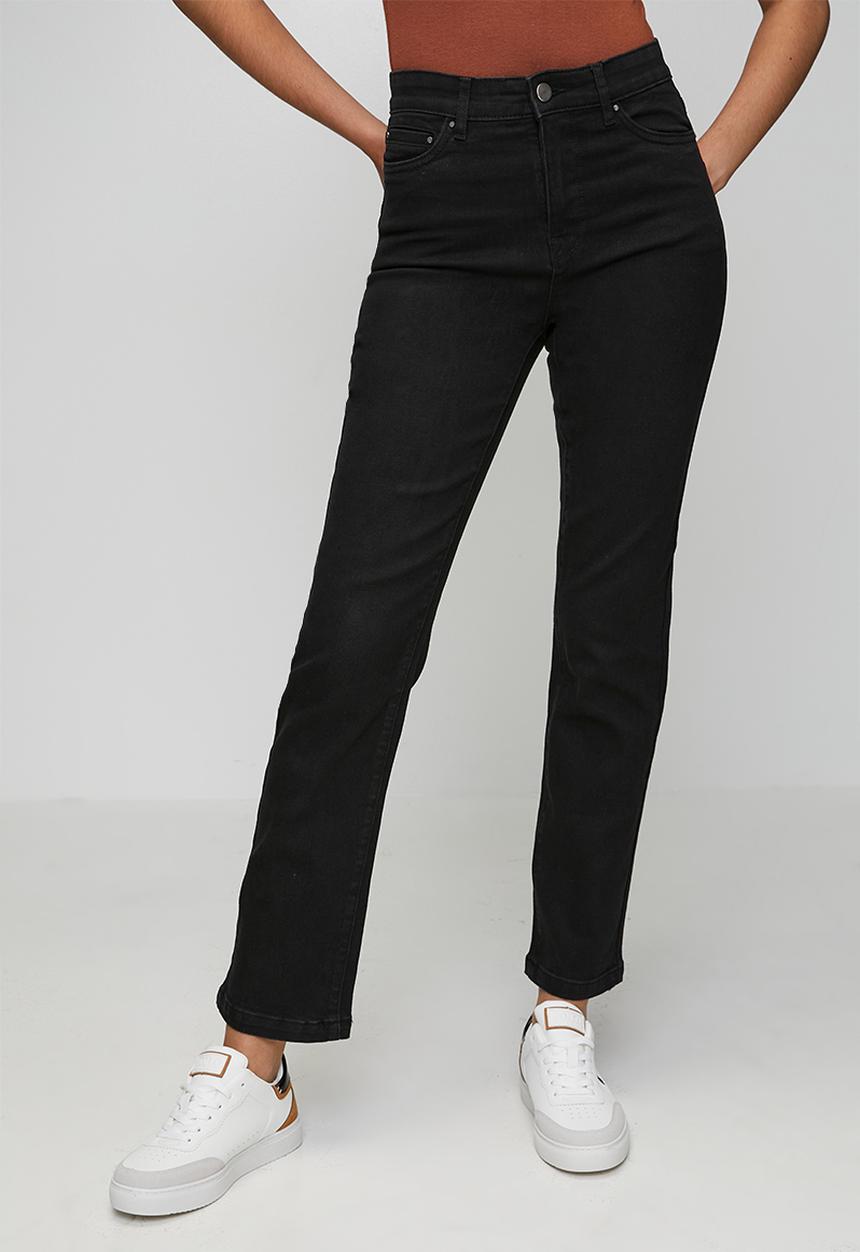 Izabel London - High Waisted Straight Leg Denim Jean Inside Hugger Elastic - Black